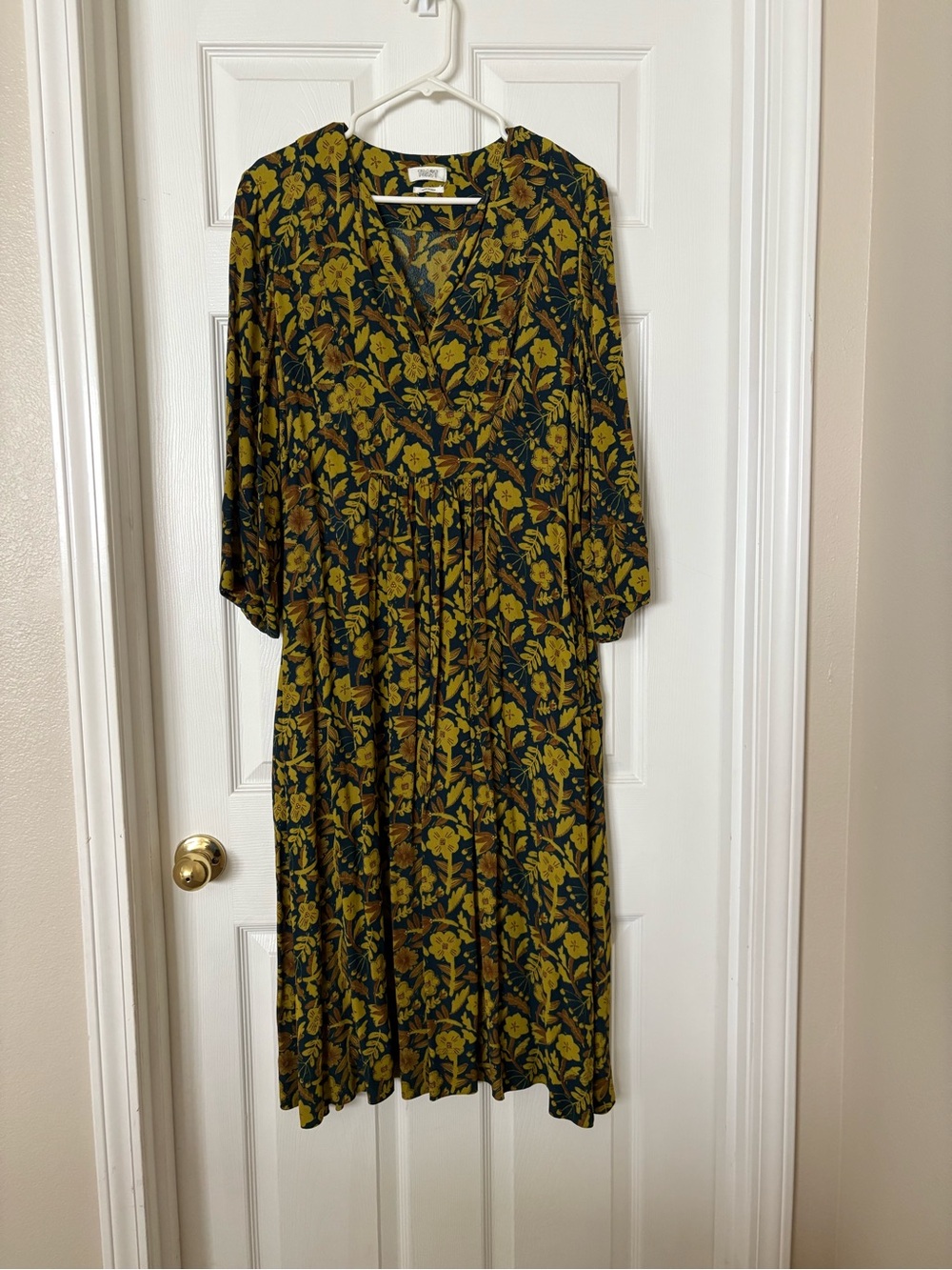 Toast V-Neck Long Sleeve Floral Midi Dress in Mustard Green